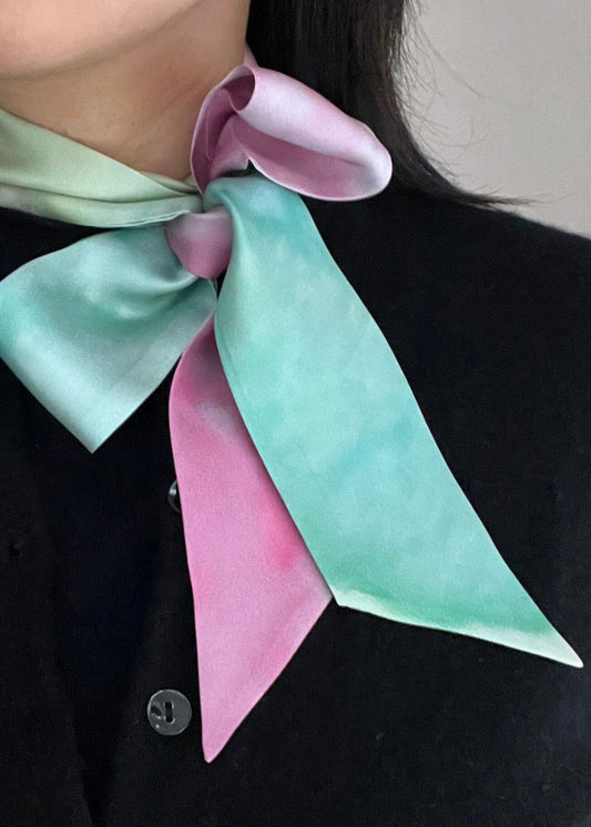 Exclusive Sakura print 100% Silk Twilly Scarf Pinky Green