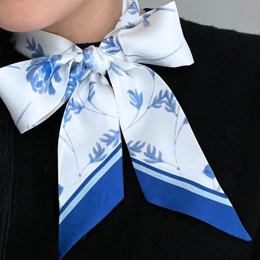 Exclusive blue and white watercolor floral print 100% Silk Twilly Scarf