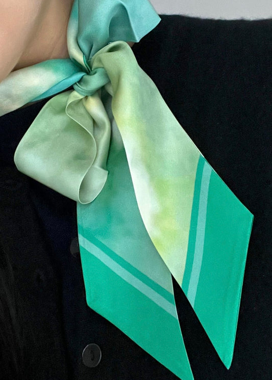 Exclusive Sakura print 100% Silk Twilly Scarf Green