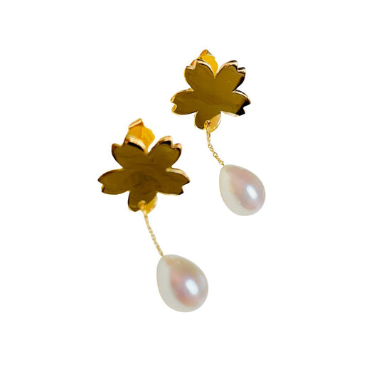 blue n white Authentic Design Sakura Pearl 18K Gold Earrings 原創設計 18K金櫻花珍珠耳環