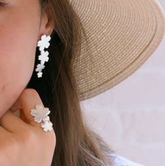 blue n white Authentic Design 18K gold plated S925 Sakura Earrings 原創設計 櫻花耳環 925銀